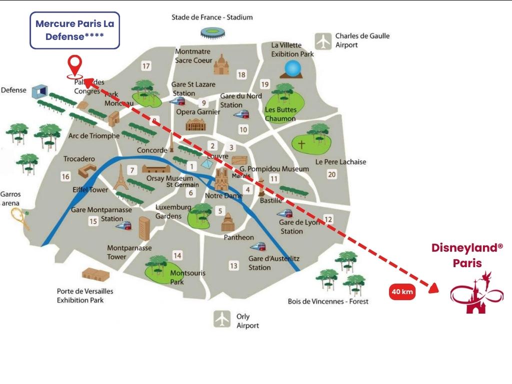 Mercure Paris La Defense mit Entfernung zu Disney und Paris